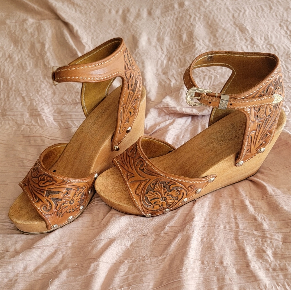 Western Tooled Leather Wedge Sandals